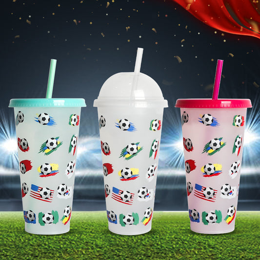 New World Cup Temperature-Sensitive Straw Coffee Plastic Color-Changing Cup 710Ml Single-Layer Cold Color-Changing Pp Footballs Cups