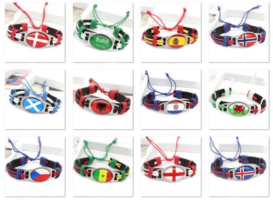 Customized National Flags Promotional Gift Glass Alloy Charm Adjustable Leather Bracelet,Wholesale For World Cup Fans