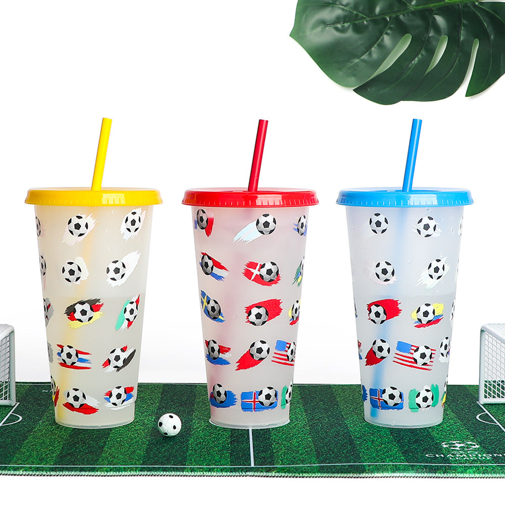 New World Cup Temperature-Sensitive Straw Coffee Plastic Color-Changing Cup 710Ml Single-Layer Cold Color-Changing Pp Footballs Cups