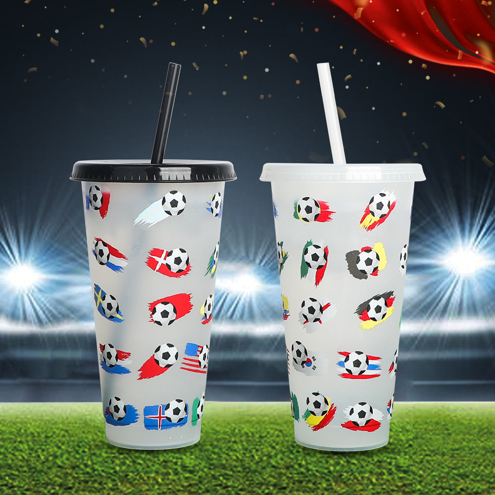 New World Cup Temperature-Sensitive Straw Coffee Plastic Color-Changing Cup 710Ml Single-Layer Cold Color-Changing Pp Footballs Cups