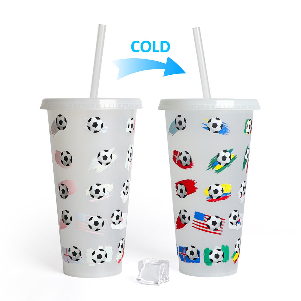 New World Cup Temperature-Sensitive Straw Coffee Plastic Color-Changing Cup 710Ml Single-Layer Cold Color-Changing Pp Footballs Cups