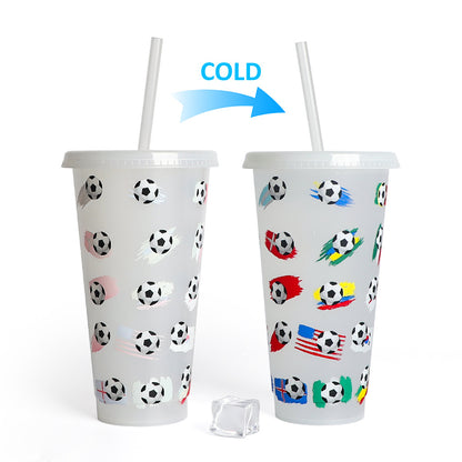 New World Cup Temperature-Sensitive Straw Coffee Plastic Color-Changing Cup 710Ml Single-Layer Cold Color-Changing Pp Footballs Cups
