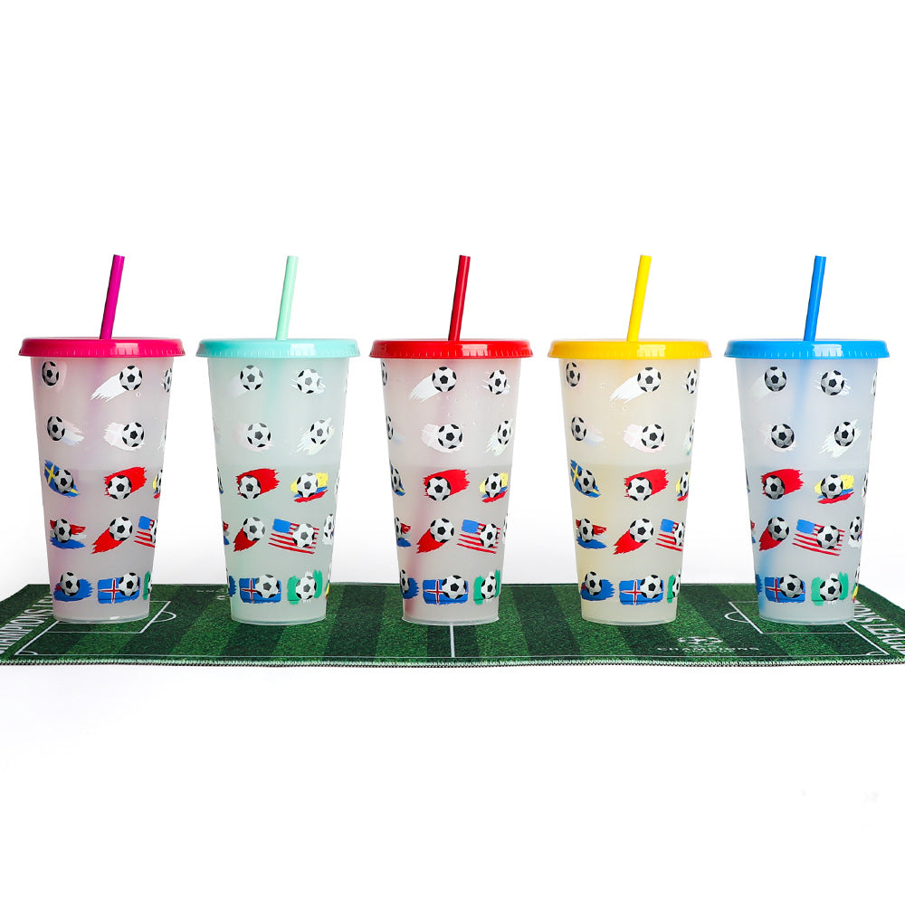 New World Cup Temperature-Sensitive Straw Coffee Plastic Color-Changing Cup 710Ml Single-Layer Cold Color-Changing Pp Footballs Cups