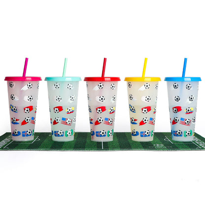 New World Cup Temperature-Sensitive Straw Coffee Plastic Color-Changing Cup 710Ml Single-Layer Cold Color-Changing Pp Footballs Cups