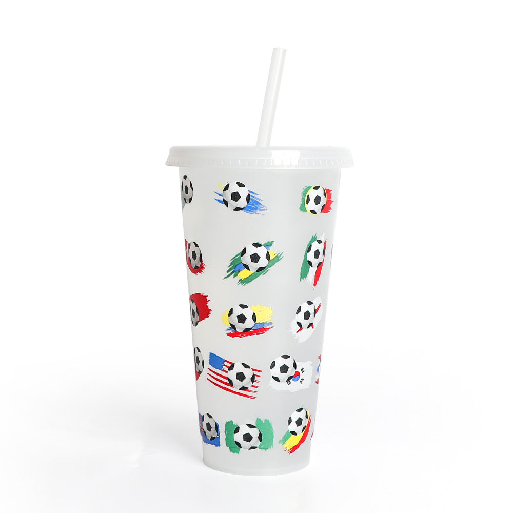 New World Cup Temperature-Sensitive Straw Coffee Plastic Color-Changing Cup 710Ml Single-Layer Cold Color-Changing Pp Footballs Cups