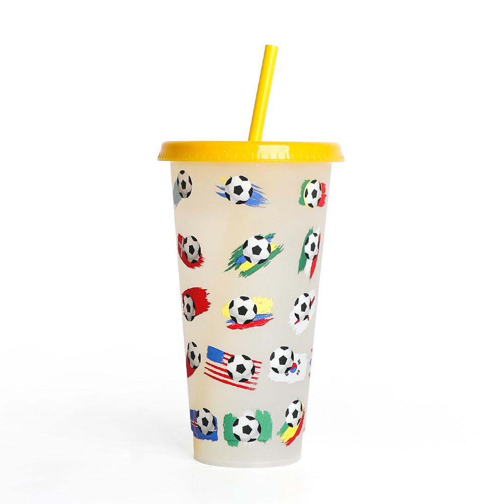 New World Cup Temperature-Sensitive Straw Coffee Plastic Color-Changing Cup 710Ml Single-Layer Cold Color-Changing Pp Footballs Cups