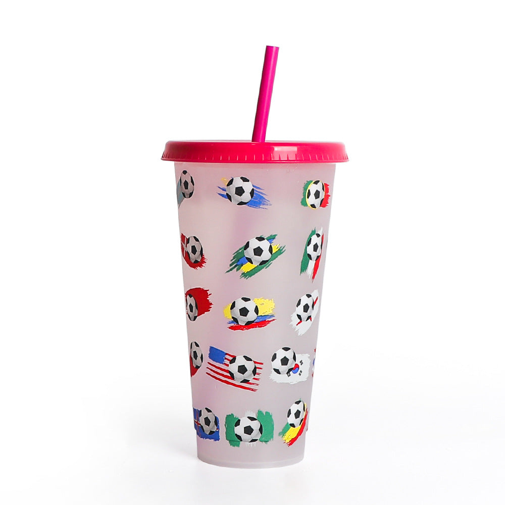 New World Cup Temperature-Sensitive Straw Coffee Plastic Color-Changing Cup 710Ml Single-Layer Cold Color-Changing Pp Footballs Cups