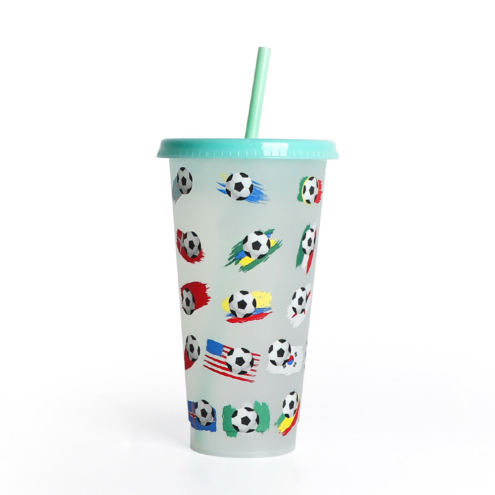 New World Cup Temperature-Sensitive Straw Coffee Plastic Color-Changing Cup 710Ml Single-Layer Cold Color-Changing Pp Footballs Cups
