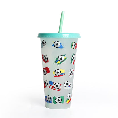 New World Cup Temperature-Sensitive Straw Coffee Plastic Color-Changing Cup 710Ml Single-Layer Cold Color-Changing Pp Footballs Cups
