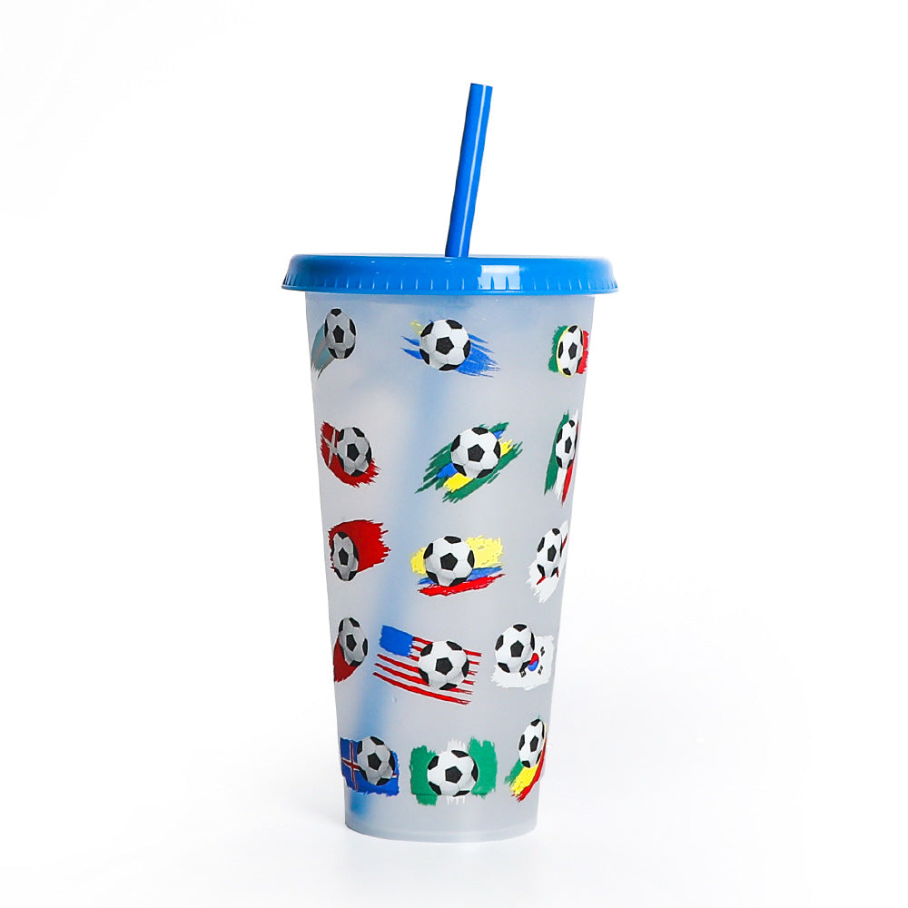 New World Cup Temperature-Sensitive Straw Coffee Plastic Color-Changing Cup 710Ml Single-Layer Cold Color-Changing Pp Footballs Cups