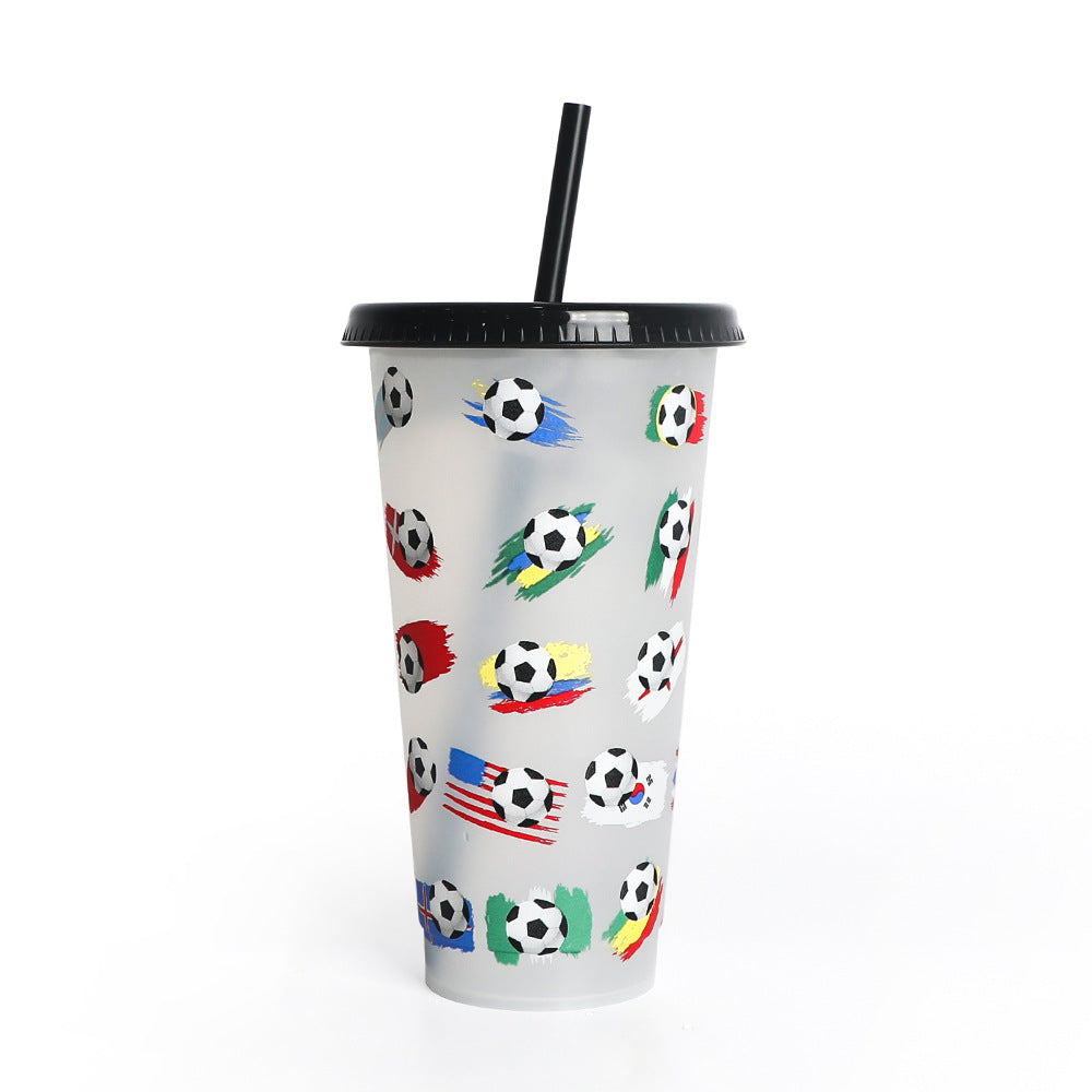 New World Cup Temperature-Sensitive Straw Coffee Plastic Color-Changing Cup 710Ml Single-Layer Cold Color-Changing Pp Footballs Cups