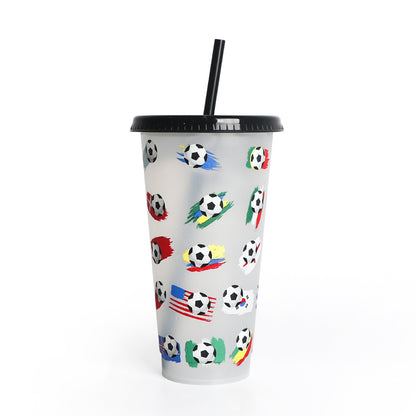 New World Cup Temperature-Sensitive Straw Coffee Plastic Color-Changing Cup 710Ml Single-Layer Cold Color-Changing Pp Footballs Cups