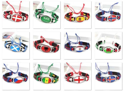 Customized National Flags Promotional Gift Glass Alloy Charm Adjustable Leather Bracelet,Wholesale For World Cup Fans