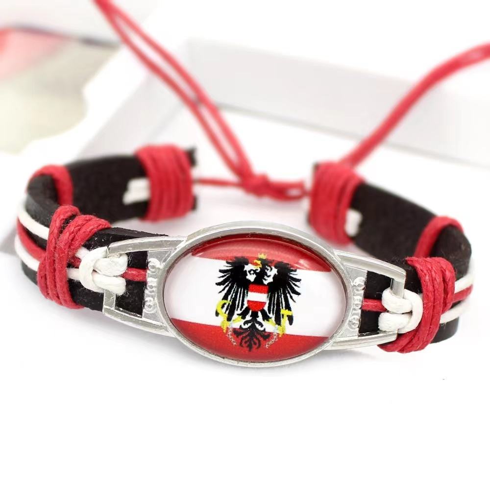 Customized National Flags Promotional Gift Glass Alloy Charm Adjustable Leather Bracelet,Wholesale For World Cup Fans