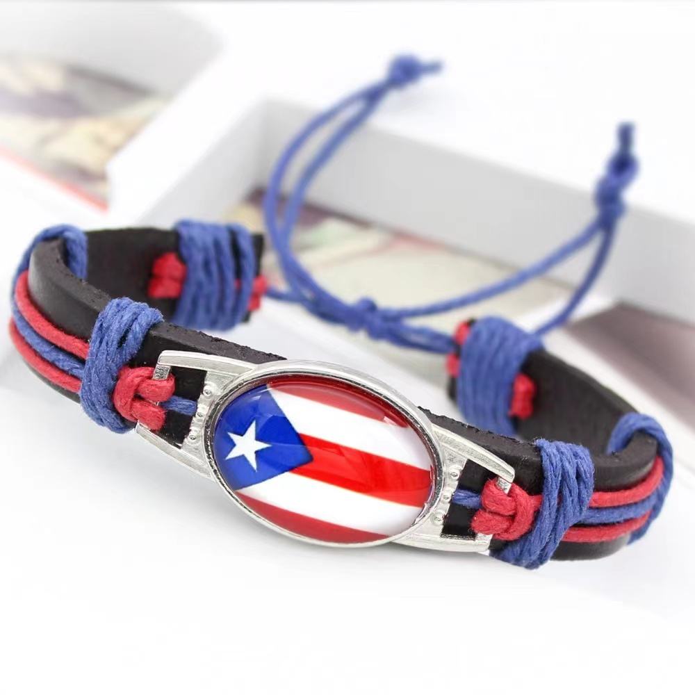 Customized National Flags Promotional Gift Glass Alloy Charm Adjustable Leather Bracelet,Wholesale For World Cup Fans