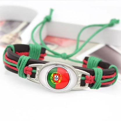 Customized National Flags Promotional Gift Glass Alloy Charm Adjustable Leather Bracelet,Wholesale For World Cup Fans