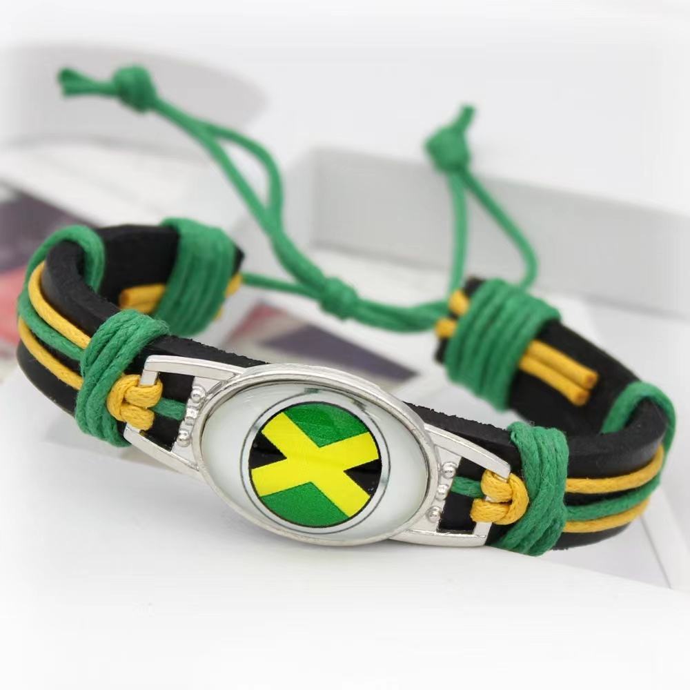 Customized National Flags Promotional Gift Glass Alloy Charm Adjustable Leather Bracelet,Wholesale For World Cup Fans