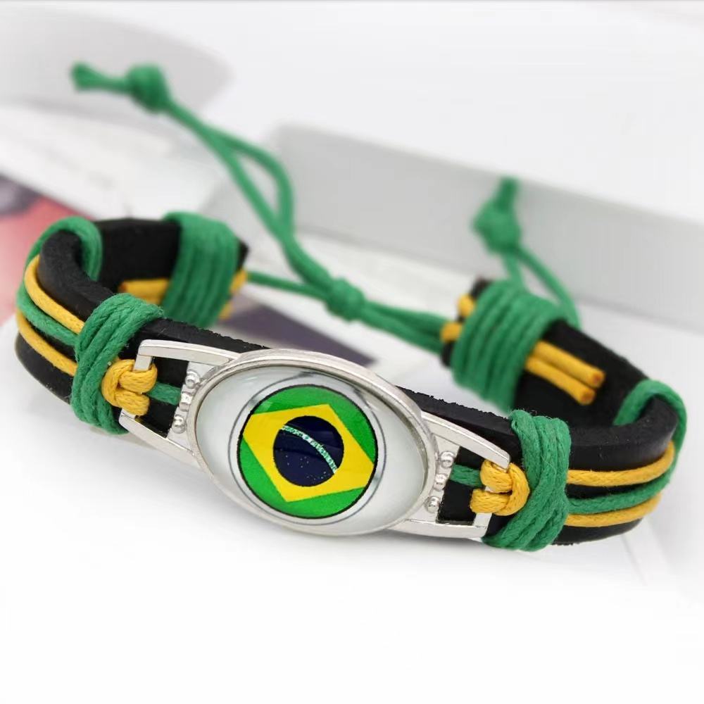 Customized National Flags Promotional Gift Glass Alloy Charm Adjustable Leather Bracelet,Wholesale For World Cup Fans