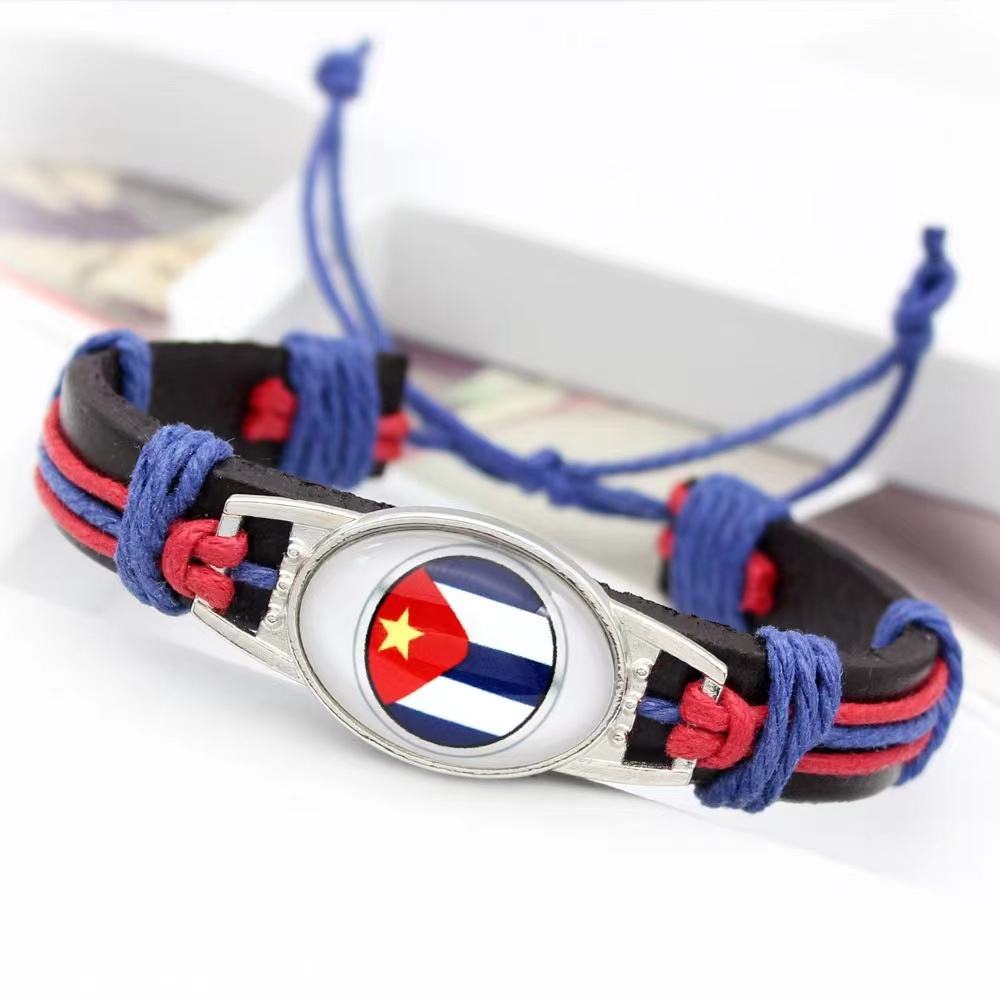 Customized National Flags Promotional Gift Glass Alloy Charm Adjustable Leather Bracelet,Wholesale For World Cup Fans