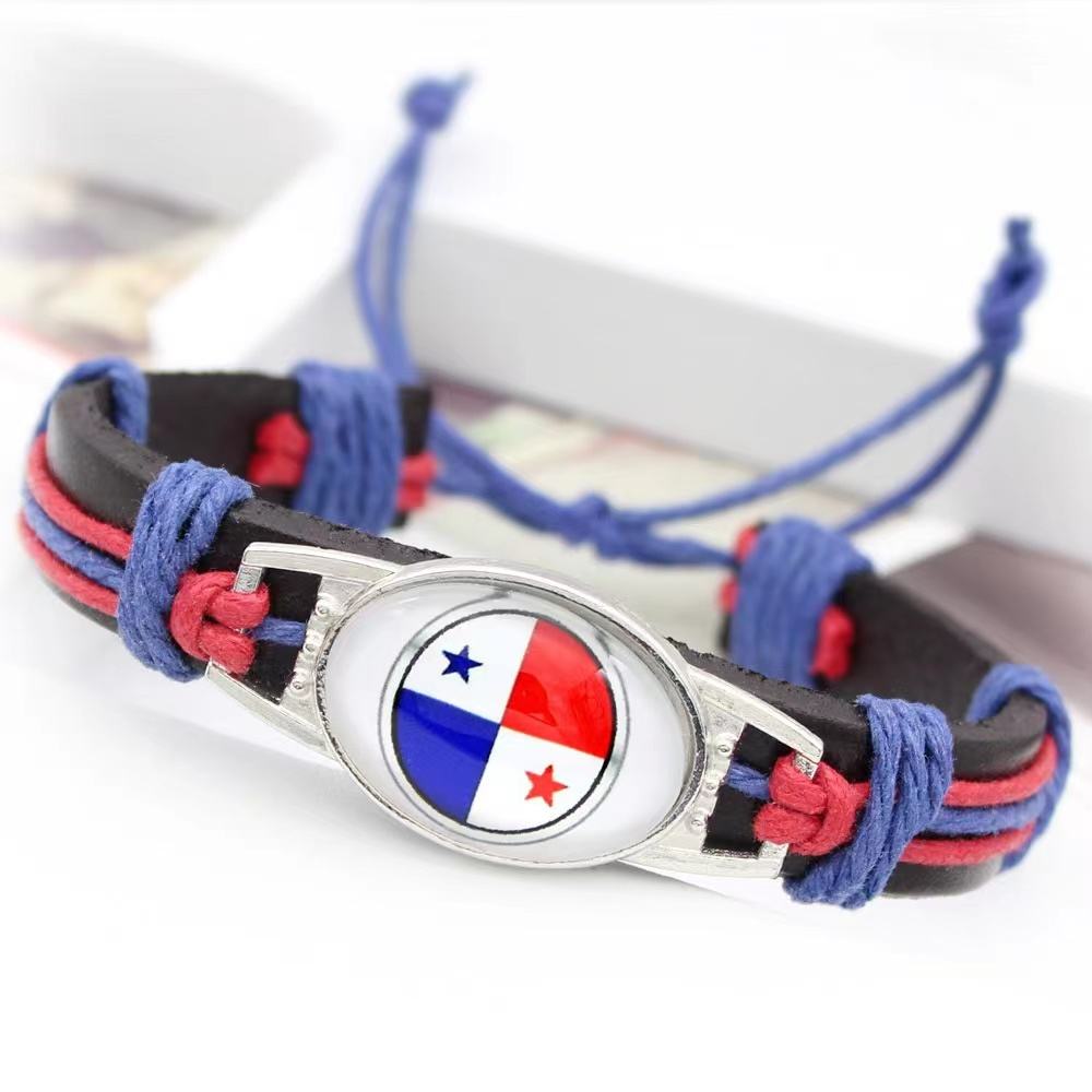 Customized National Flags Promotional Gift Glass Alloy Charm Adjustable Leather Bracelet,Wholesale For World Cup Fans