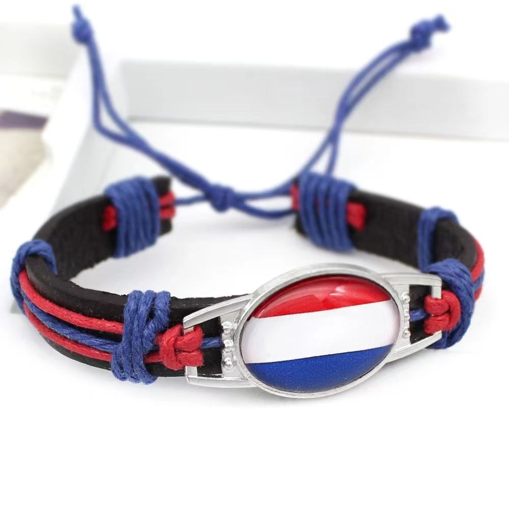 Customized National Flags Promotional Gift Glass Alloy Charm Adjustable Leather Bracelet,Wholesale For World Cup Fans