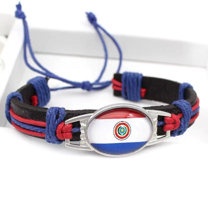 Customized National Flags Promotional Gift Glass Alloy Charm Adjustable Leather Bracelet,Wholesale For World Cup Fans