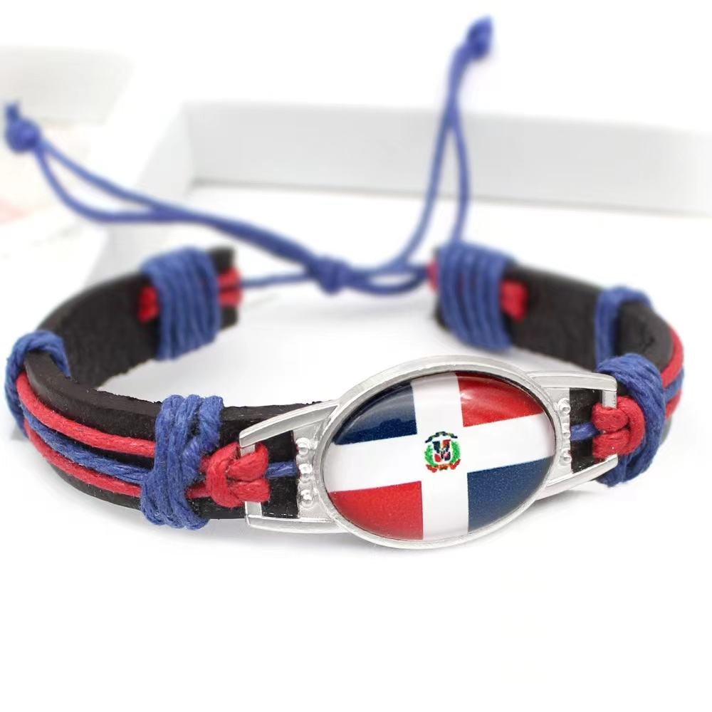 Customized National Flags Promotional Gift Glass Alloy Charm Adjustable Leather Bracelet,Wholesale For World Cup Fans