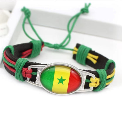 Customized National Flags Promotional Gift Glass Alloy Charm Adjustable Leather Bracelet,Wholesale For World Cup Fans