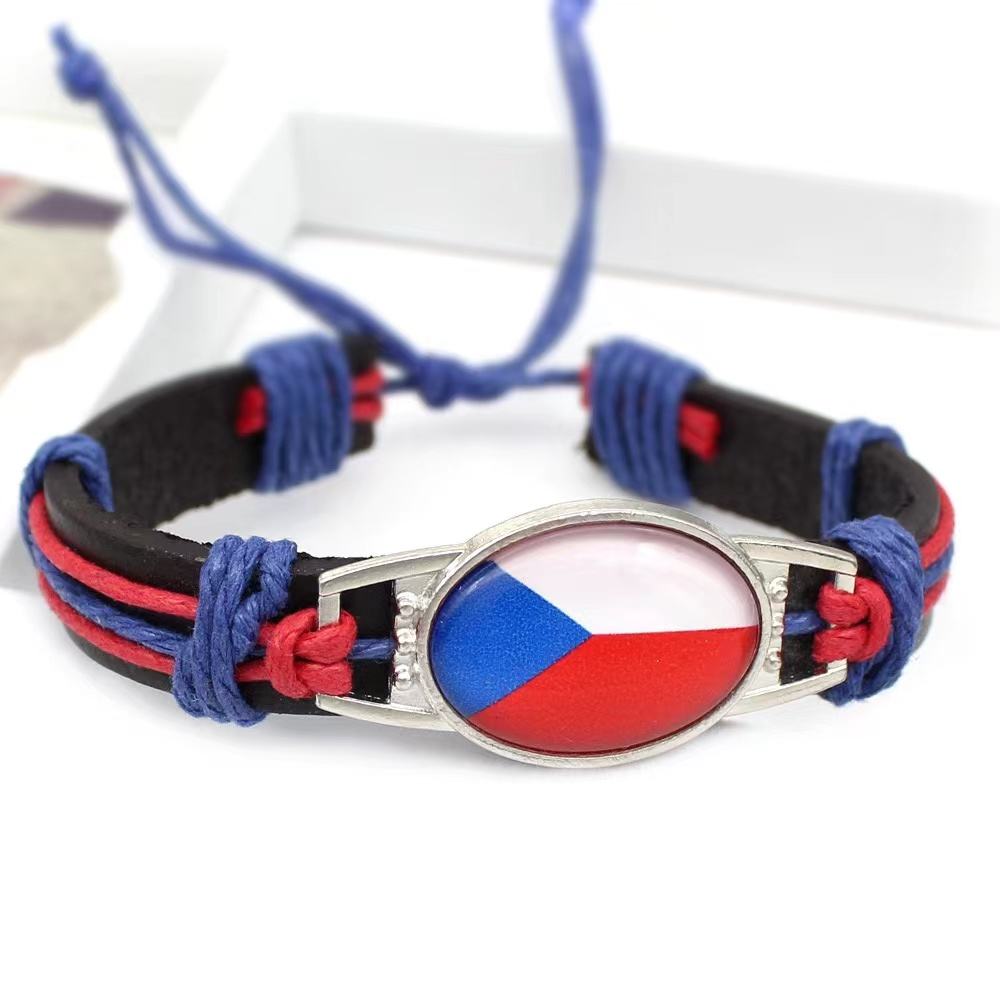 Customized National Flags Promotional Gift Glass Alloy Charm Adjustable Leather Bracelet,Wholesale For World Cup Fans