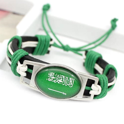 Customized National Flags Promotional Gift Glass Alloy Charm Adjustable Leather Bracelet,Wholesale For World Cup Fans