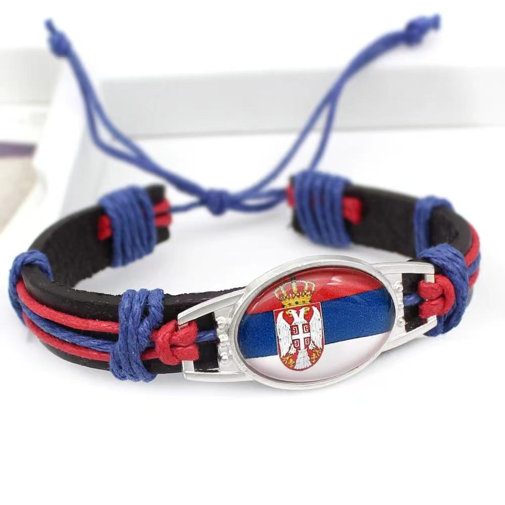 Customized National Flags Promotional Gift Glass Alloy Charm Adjustable Leather Bracelet,Wholesale For World Cup Fans