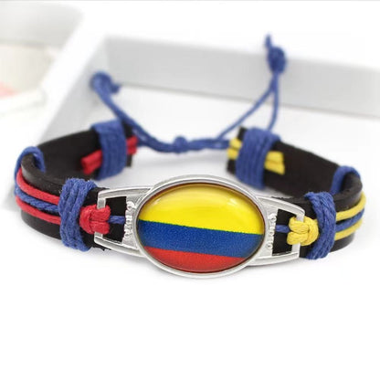 Customized National Flags Promotional Gift Glass Alloy Charm Adjustable Leather Bracelet,Wholesale For World Cup Fans