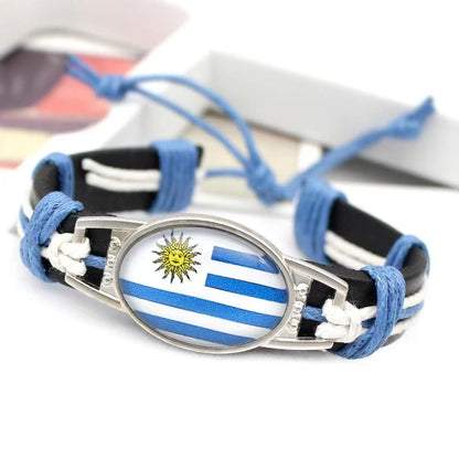 Customized National Flags Promotional Gift Glass Alloy Charm Adjustable Leather Bracelet,Wholesale For World Cup Fans