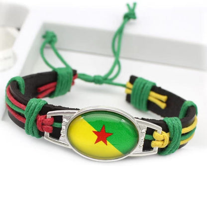 Customized National Flags Promotional Gift Glass Alloy Charm Adjustable Leather Bracelet,Wholesale For World Cup Fans