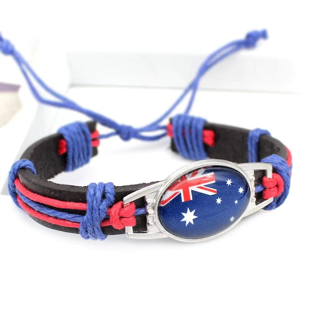 Customized National Flags Promotional Gift Glass Alloy Charm Adjustable Leather Bracelet,Wholesale For World Cup Fans