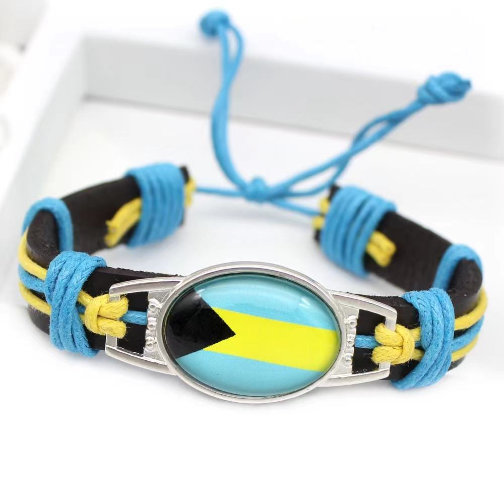 Customized National Flags Promotional Gift Glass Alloy Charm Adjustable Leather Bracelet,Wholesale For World Cup Fans