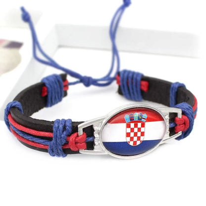 Customized National Flags Promotional Gift Glass Alloy Charm Adjustable Leather Bracelet,Wholesale For World Cup Fans