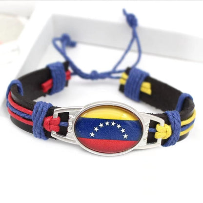 Customized National Flags Promotional Gift Glass Alloy Charm Adjustable Leather Bracelet,Wholesale For World Cup Fans