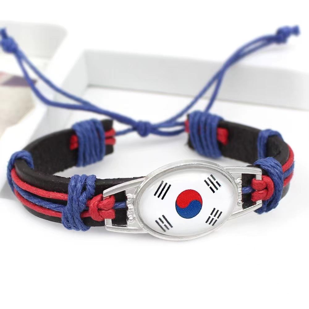 Customized National Flags Promotional Gift Glass Alloy Charm Adjustable Leather Bracelet,Wholesale For World Cup Fans