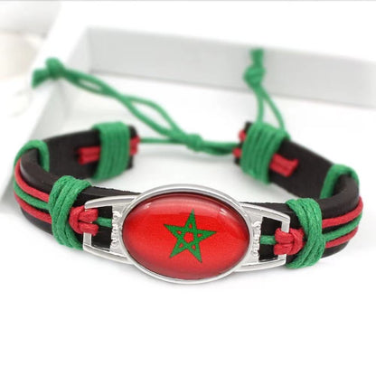 Customized National Flags Promotional Gift Glass Alloy Charm Adjustable Leather Bracelet,Wholesale For World Cup Fans