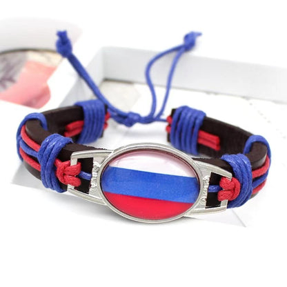 Customized National Flags Promotional Gift Glass Alloy Charm Adjustable Leather Bracelet,Wholesale For World Cup Fans