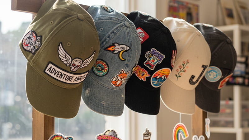 Assorted baseball caps decorated with patches and embroidery to show custom hat design options