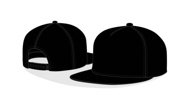 Front and back view illustration of a blank black flat brim snapback hat for custom branding