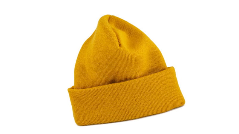 Yellow knit beanie hat ready for custom logo embroidery and winter promotions