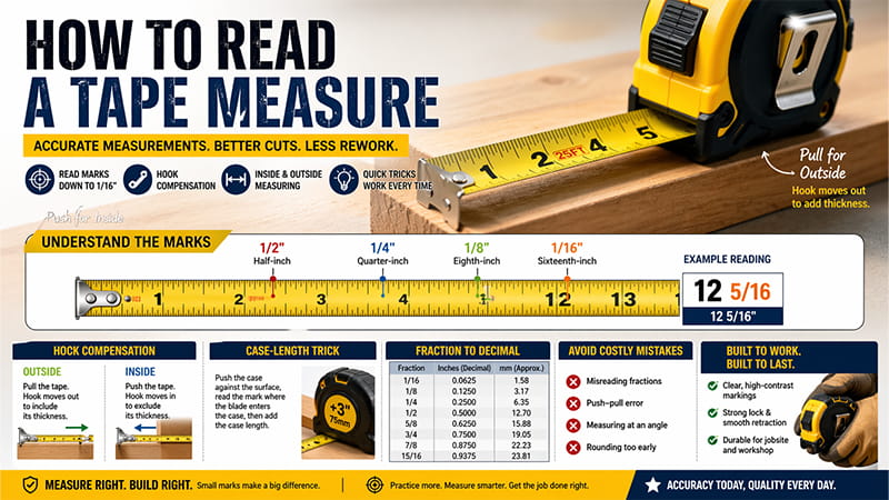 how to read a tape measure infographic showing tape measure marks hook compensation case length trick and fraction to decimal guide