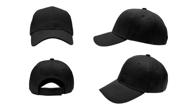 Front, side and back views of a blank black baseball cap for custom logo branding and bulk orders