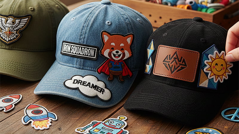 Custom caps with embroidered patches, leather badges and playful appliqués showing different logo decoration options