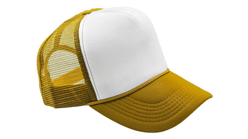 Yellow and white mesh trucker cap with blank front panel for custom logo printing