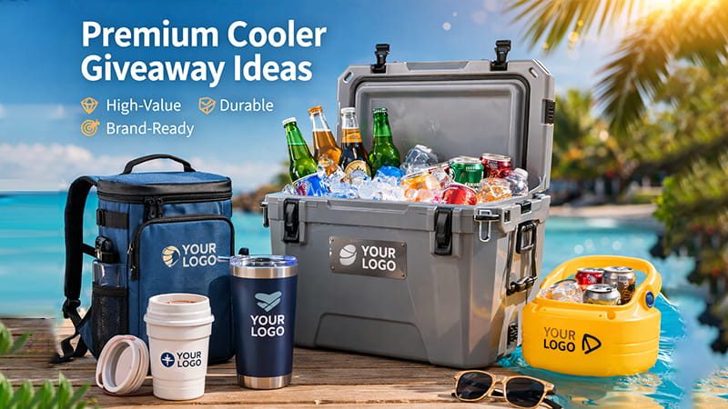 Premium cooler giveaway display with branded hard cooler, backpack cooler, tumbler, and floating pool cooler by the water.