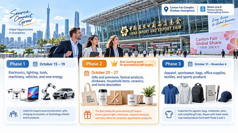 Canton Fair promotional gift sourcing guide showing exhibition phases, gift categories, apparel, bags, and supplier selection information